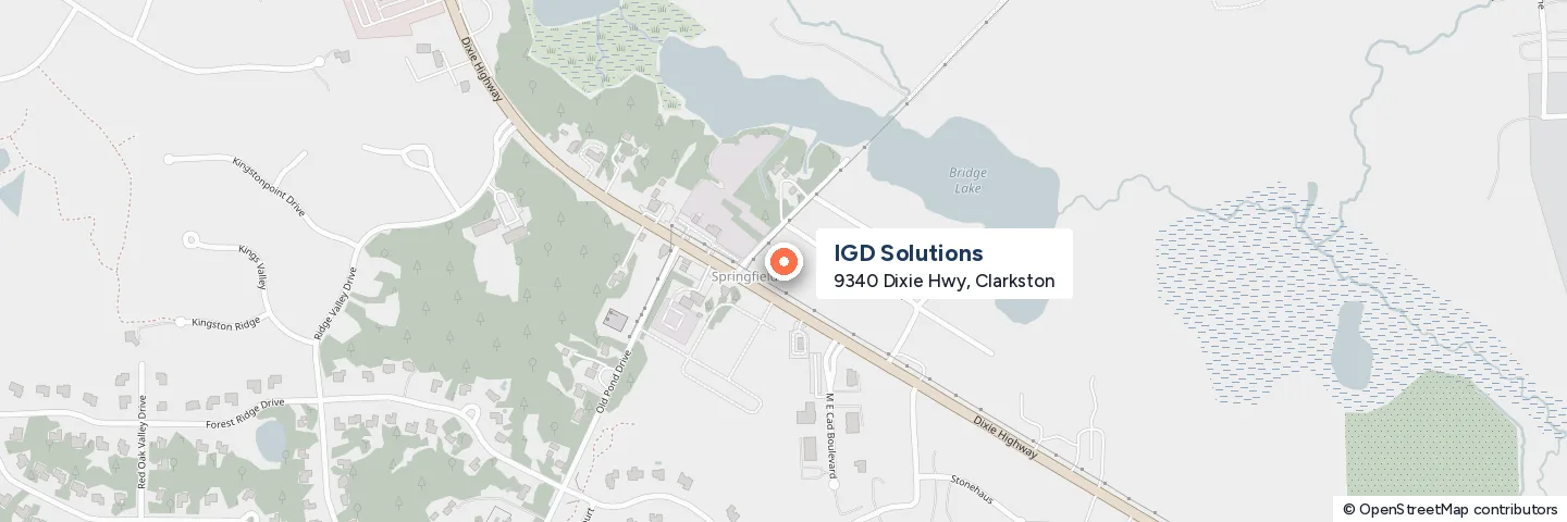 Map showing IGD Solutions at 9340 Dixie Hwy in Clarkston, Michigan, on Dixie Highway near Bridge Lake